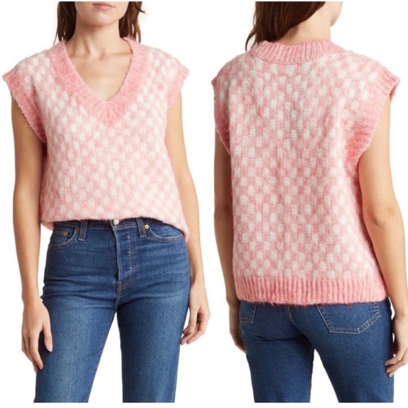FRNCH Pink Checkered Knit Sweater Vest Size Medium/Large - Picture 1 of 9